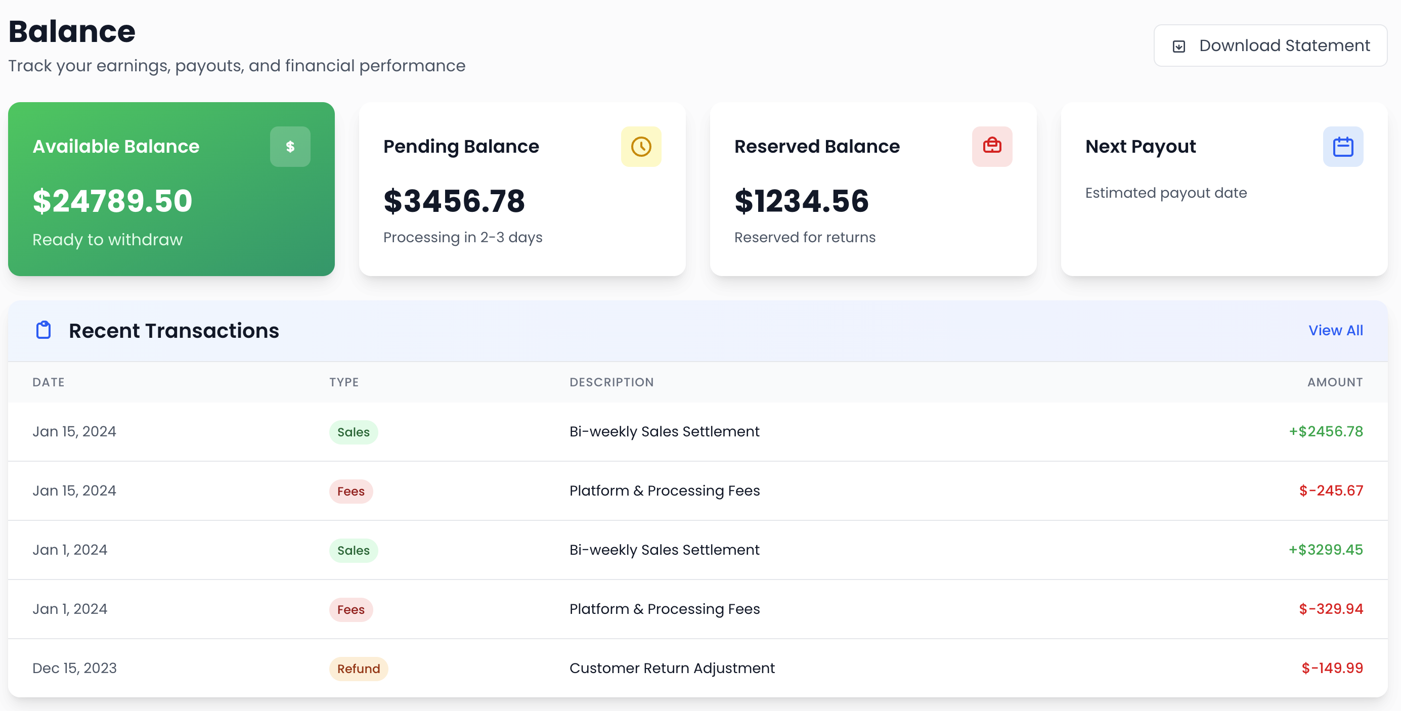 Balance page interface