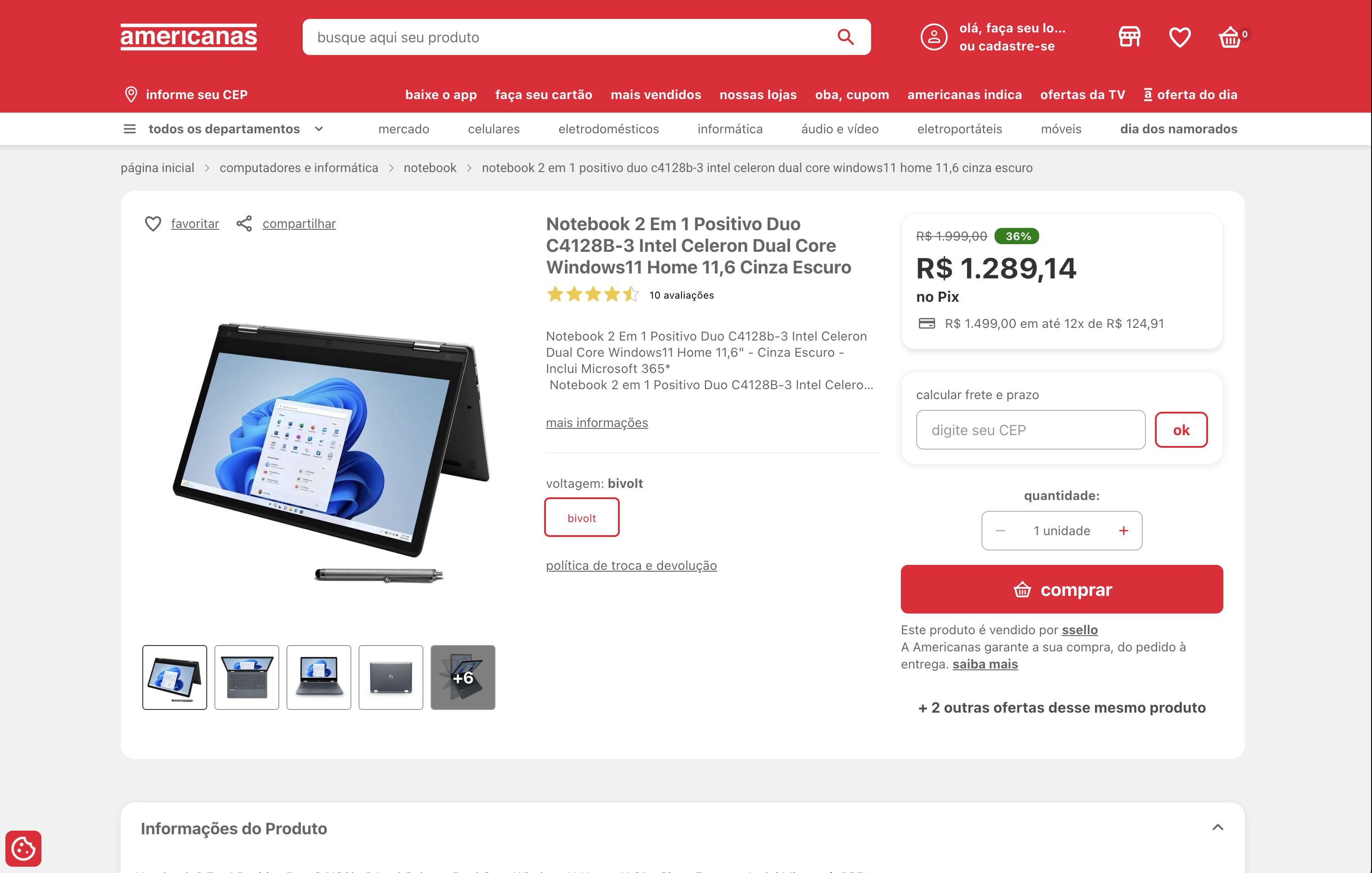 Americanas Brazil - Notebook Product Page